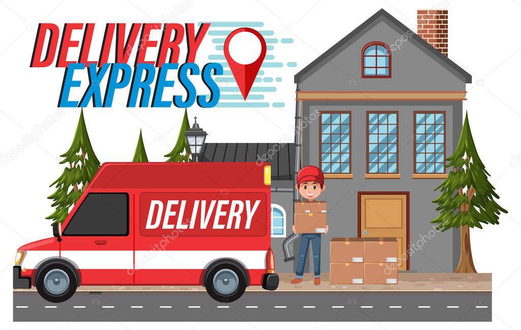 Courier delivering packages with Delivery Express logo illustration