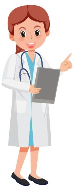 Beyaz arka planda bir kadın doktor çizgi film karakteri.