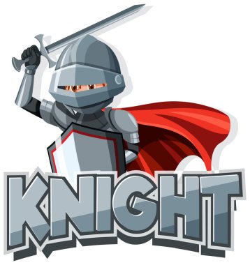 Şövalye yazı tipi logosu. Çizgi film stili illüstrasyonunda ortaçağ şövalyesi.