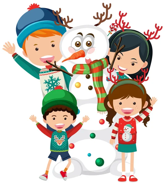 雪男のイラストとクリスマスのテーマの幸せな家族 — ストックベクタ