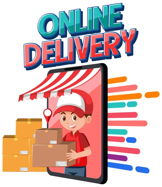Online Delivery Logotype Courier Holding Boxes Illustration — Stok Vektör