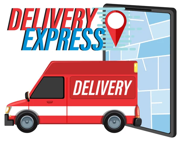 Logotyp Delivery Express Vanem Panelowym Ilustracją Smartfona — Wektor stockowy