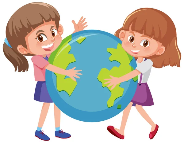 Two Girls Hugging Earth Globe Togetherin Cartoon Style Illustration — Stock Vector