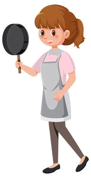 Woman Holding Pan Wearing Apron Cartoon Character White Background Illustration — Stock Vector