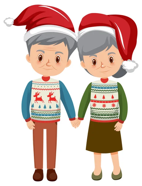 Ηλικιωμένο Ζευγάρι Χριστουγεννιάτικα Ρούχα Κρατώντας Χέρια Μαζί Εικονογράφηση — Διανυσματικό Αρχείο