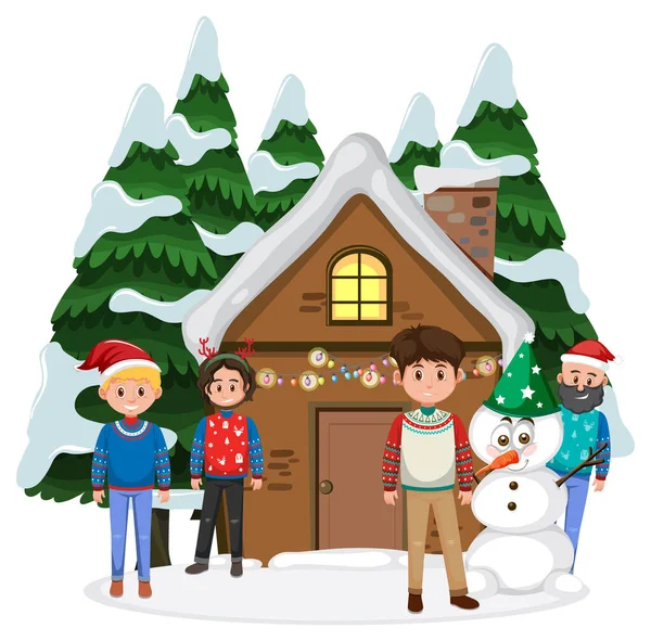 Czterech Młodych Mężczyzn Stojących Przed Ilustracją Domu Zimowego — Wektor stockowy