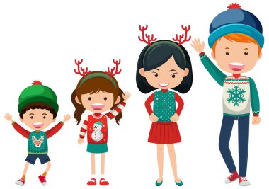 Noel kıyafetleri giyen aile üyeleri