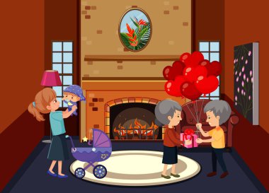 Aile üyelerinin resimleriyle oturma odası sahnesi