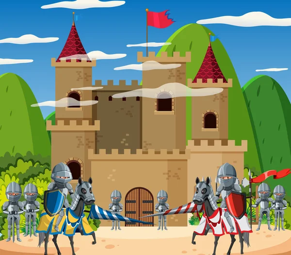 Scena Medievale Del Castello Con Due Eserciti Stile Cartone Animato — Vettoriale Stock