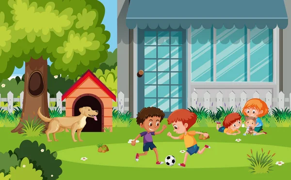 Playground Outdoor Scene Children Playing Soccer Illustration — Stock Vector