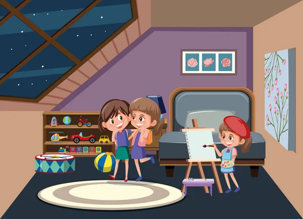 Podkrovní Scéna Šťastnými Dětmi Ilustrace — Stockový vektor