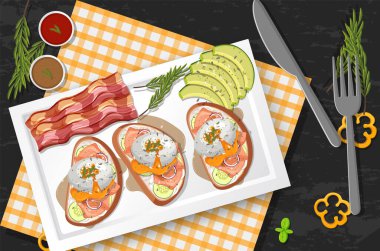 Üst düzey yemek, yumurtalı Benedict ve siyah masa illüstrasyonu.