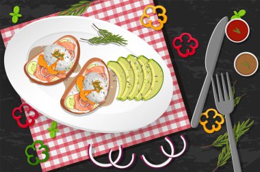 Üst düzey yemek, yumurtalı Benedict ve siyah masa illüstrasyonu.