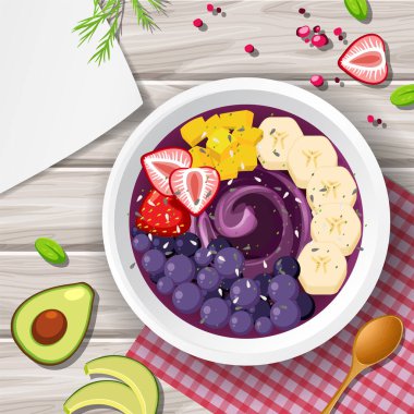 Üst Manzara Acai yemek kasesi ve ahşap masa illüstrasyonunda yer.