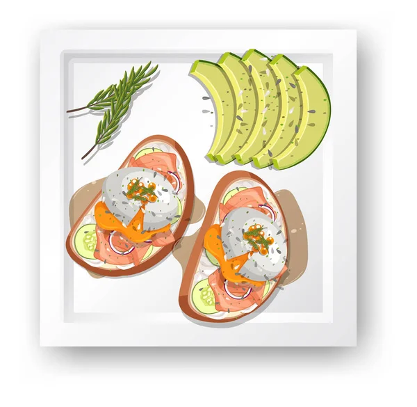 Top Uitzicht Voedsel Benedict Avocado Witte Achtergrond Illustratie — Stockvector