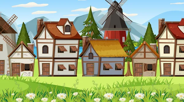 带有村民插图的中世纪城镇场景 — 图库矢量图片