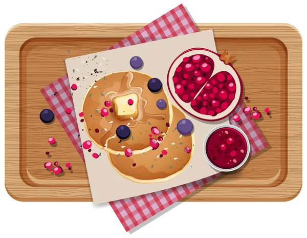 Top View Food Pancake Pomegranate Placemat Wood Plate Illustration — Stock Vector