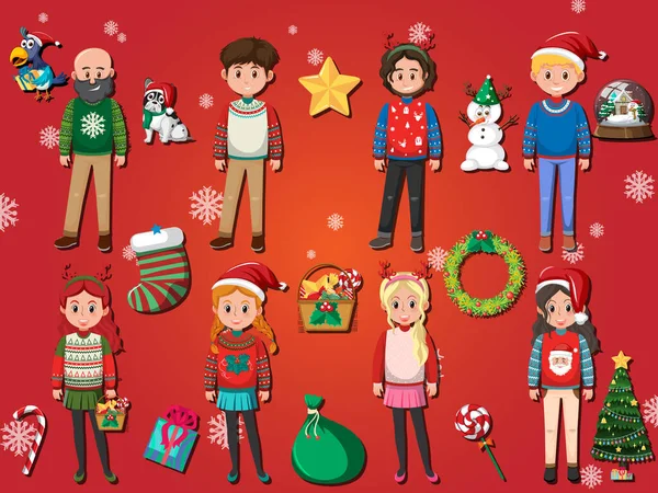 不同的卡通人物穿着圣诞服装插图 — 图库矢量图片