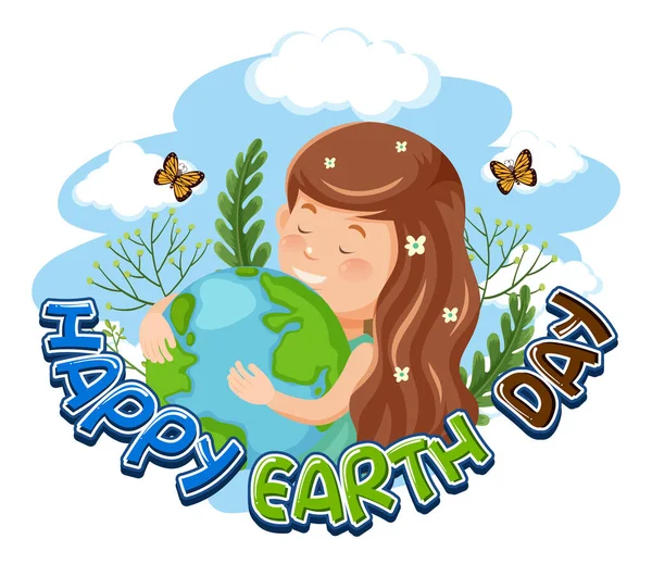 Happy Earth Day Banner Design Mit Einem Mädchen Umarmt Erdkugel — Stockvektor
