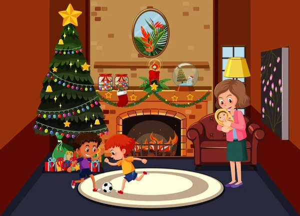 Wohnzimmer Weihnachtlich Dekoriert Mit Familienmitgliedern Illustration — Stockvektor