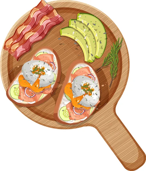 Верхний Вид Пищи Яйцо Бенедикт Деревянной Пластине Белом Фоне Иллюстрации — стоковый вектор