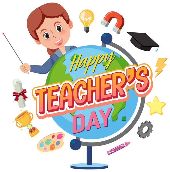 Selamat Hari Guru Dengan Guru Perempuan Dan Ilustrasi Objek Sekolah - Stok Vektor