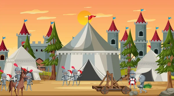 带有帐篷和城堡插图的中世纪城镇现场营地 — 图库矢量图片