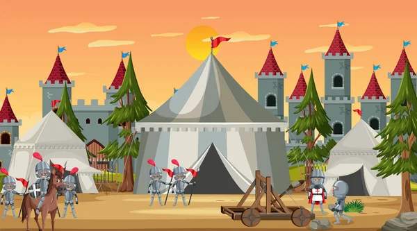 Acampamento Medieval Cidade Com Tendas Ilustração Castelo — Vetor de Stock