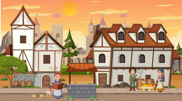 Cena Medieval Cidade Com Ilustração Dos Aldeões — Vetor de Stock