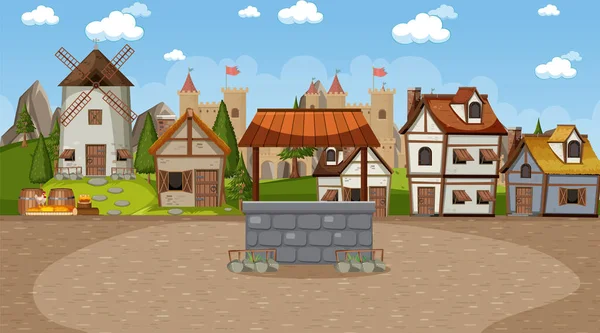 Средневековая Городская Сцена Иллюстрацией Сельских Жителей — стоковый вектор