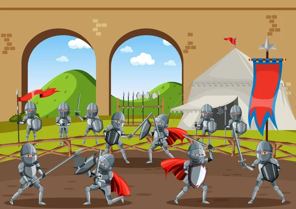 Средневековая Сцена Рыцарями Изображающими Рыцарей — стоковый вектор