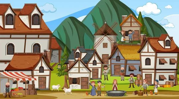 Medieval Town Scene Villagers Illustration — Stock Vector