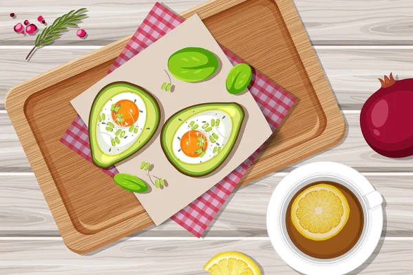 Top View Food Creamy Avocado Egg Bake Placemat Wood Plate — Stock Vector