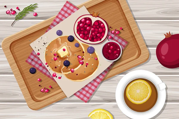 トップビューの食べ物 木製のテーブルイラストのコーヒーとパンケーキ — ストックベクタ