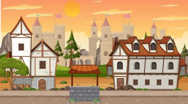 Köylülerin resimli olduğu ortaçağ kasaba sahnesi