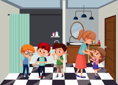 Aile üyelerinin olduğu tuvalet sahnesi çizgi film karakteri çizimi