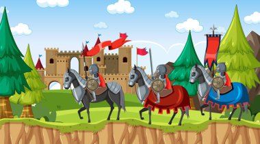 Köylülerin resimli olduğu ortaçağ kasaba sahnesi