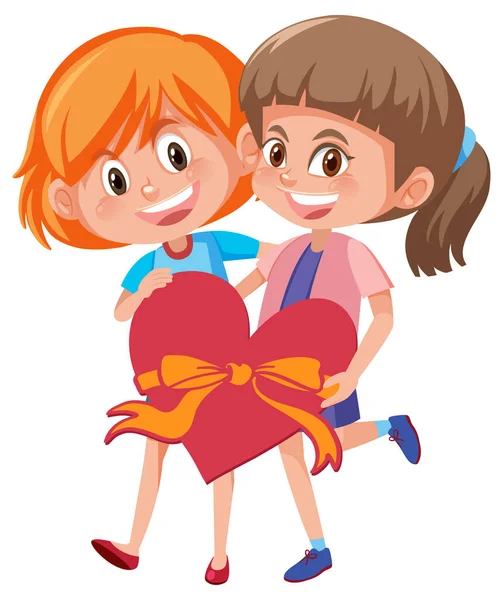 Zwei Mädchen Halten Ein Rotes Herz Zusammen Illustration — Stockvektor