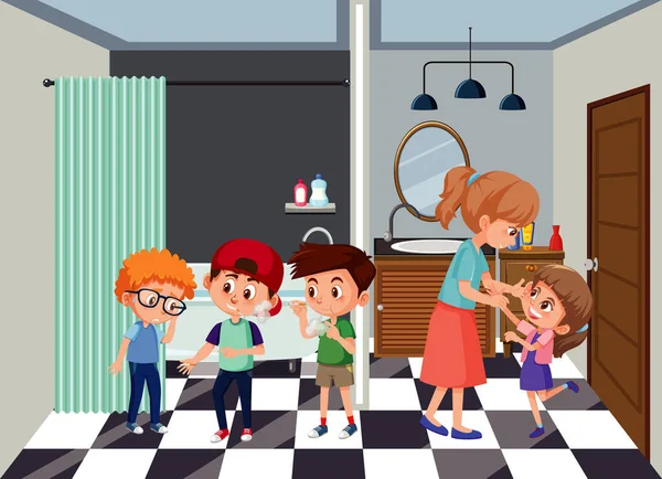 Badezimmerszene Mit Familienmitgliedern Zeichentrickfigur Illustration — Stockvektor