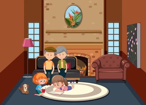 Wohnzimmer Szene Mit Familienmitgliedern Illustration — Stockvektor