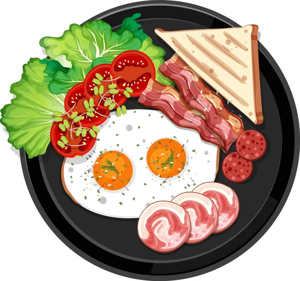Essen Von Oben Frühstück Mit Schwarzem Teller Auf Weißem Hintergrund — Stockvektor