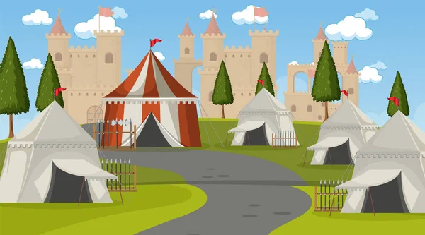 Scena Medievale Campeggi Con Tende Illustrazione Del Castello — Vettoriale Stock