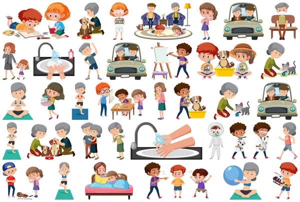 Set Different Activities People Cartoon Style Illustration — Stock Vector