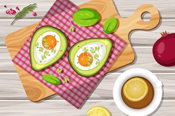 Comida Vista Superior Cremoso Huevo Aguacate Hornear Con Mantel Placa — Vector de stock