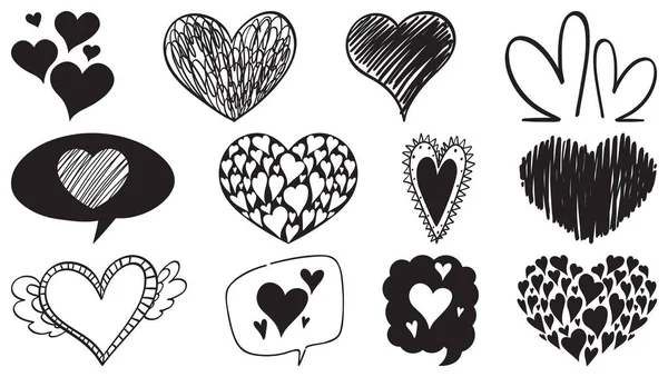 Černé Ručně Kreslené Srdce Set Ilustrace — Stockový vektor