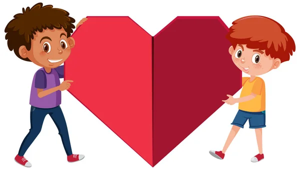 Duas Crianças Segurando Uma Grande Ilustração Coração Vermelho —  Vetores de Stock