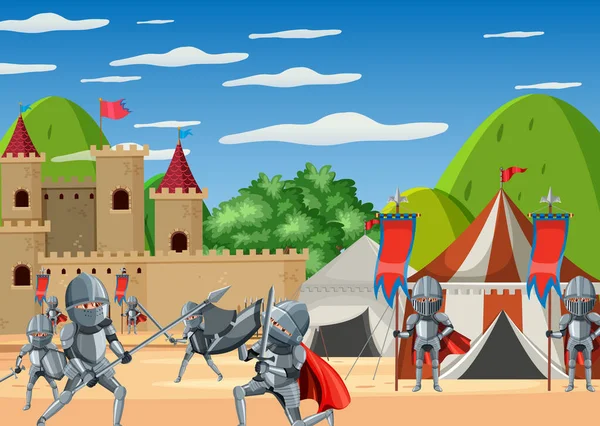 Средневековая Сцена Открытым Небом Рыцарями Лошадях — стоковый вектор