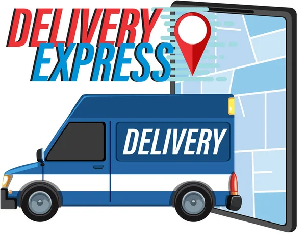 Delivery Express Logo Mit Location Pin Und Kastenwagen Illustration — Stockvektor