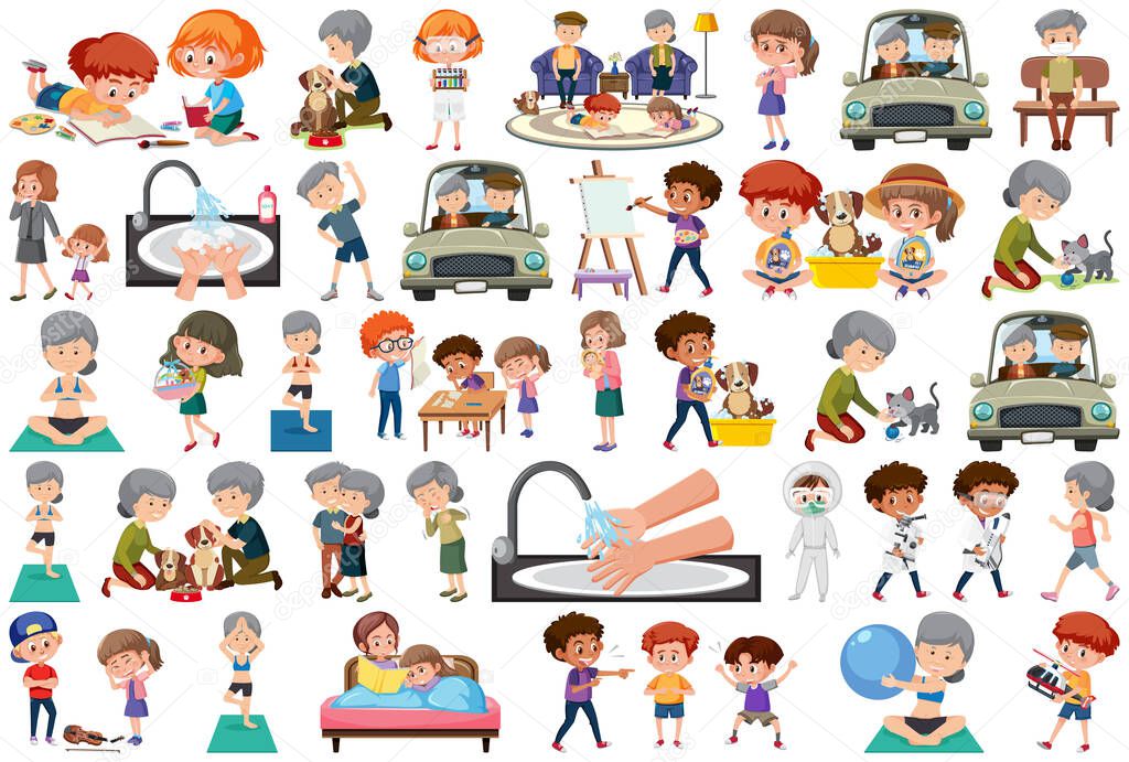 Set of different activities people in cartoon style illustration