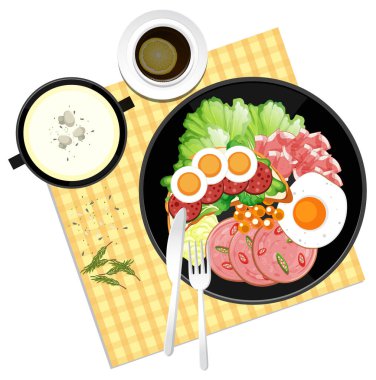 Üst görünüm Sağlıklı salata ve beyaz arkaplan illüstrasyonunda yer